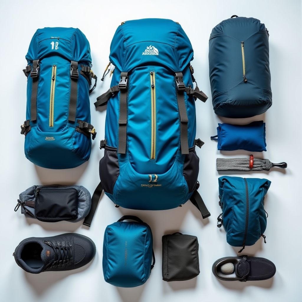 Organized backpack contents for hiking