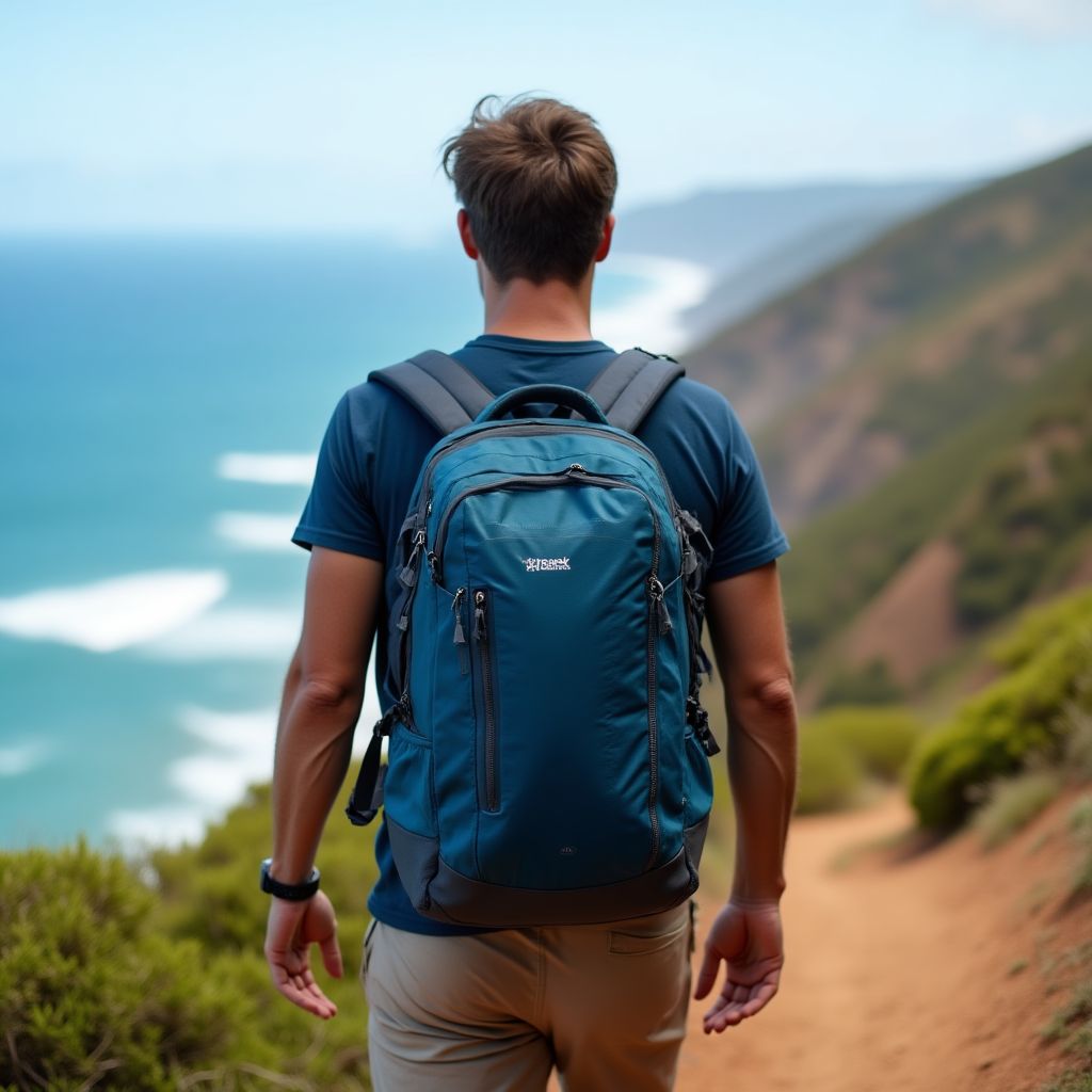 Mike T. with travel gear on coastal trail