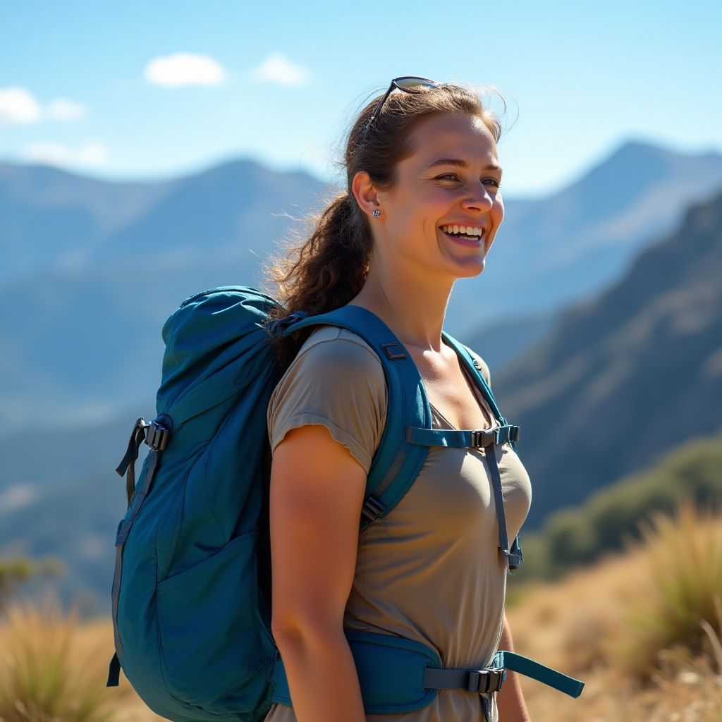 Sarah J. hiking with BluePeak backpack