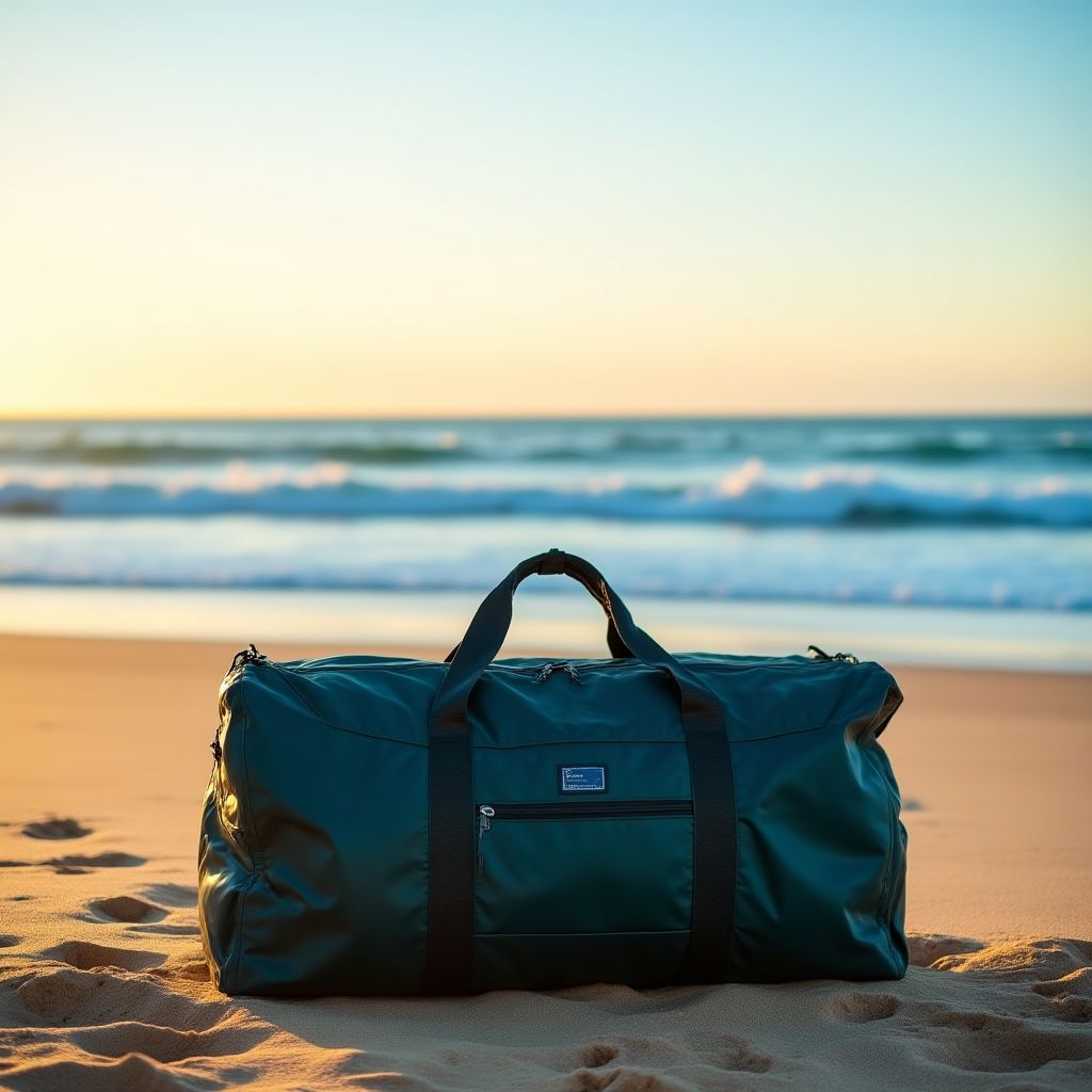 BluePeak travel duffle on coastal beach